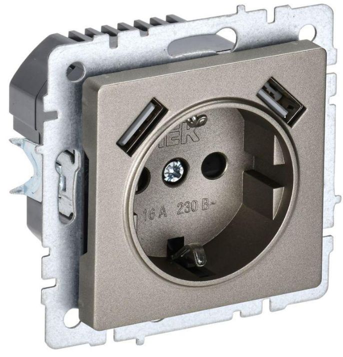 Изображение Розетка BRITE РЮш10-1-БрШ 16А с USB A+A 2.1А с заземл. защ. шторки шампань IEK BR-R14-16-U21-D21-K37