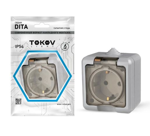 Изображение Розетка 1-м ОП Dita 16А IP54 250В с заземл. с прозр. крышкой сер. TOKOV ELECTRIC TKL-DT-R1Z-C06T-IP54