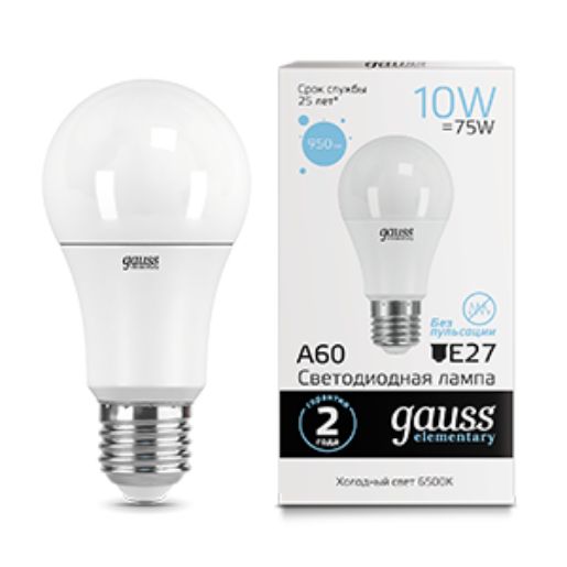 Изображение Лампа светодиодная Elementary 10Вт A60 6500К холод. бел. E27 950лм GAUSS 23230