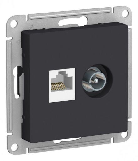Изображение Розетка компьютерная + телевизионная 2-м AtlasDesign RJ45 кат.5E + TV механизм карбон SE ATN001089