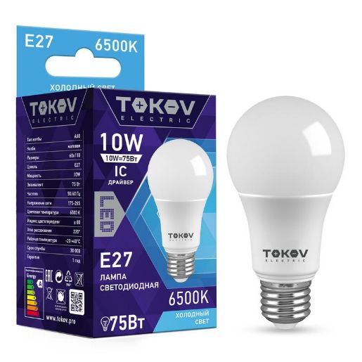 Изображение Лампа светодиодная 10Вт А60 6500К Е27 176-264В TOKOV ELECTRIC TKE-A60-E27-10-6.5K