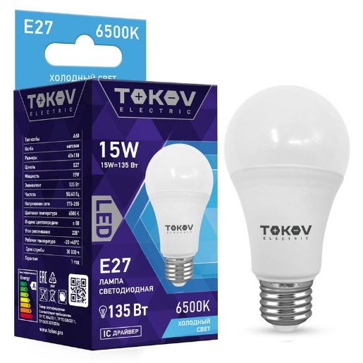 Изображение Лампа светодиодная 15Вт А60 6500К Е27 176-264В TOKOV ELECTRIC TKE-A60-E27-15-6.5K