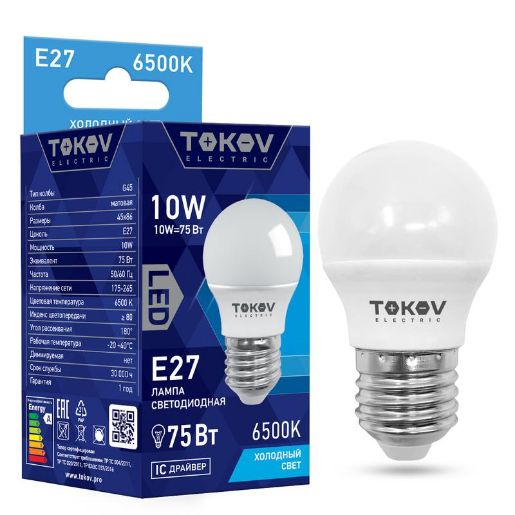Изображение Лампа светодиодная 10Вт G45 6500К Е27 176-264В TOKOV ELECTRIC TKE-G45-E27-10-6.5K