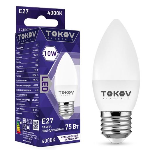 Изображение Лампа светодиодная 10Вт С37 4000К Е27 176-264В TOKOV ELECTRIC TKE-C37-E27-10-4K