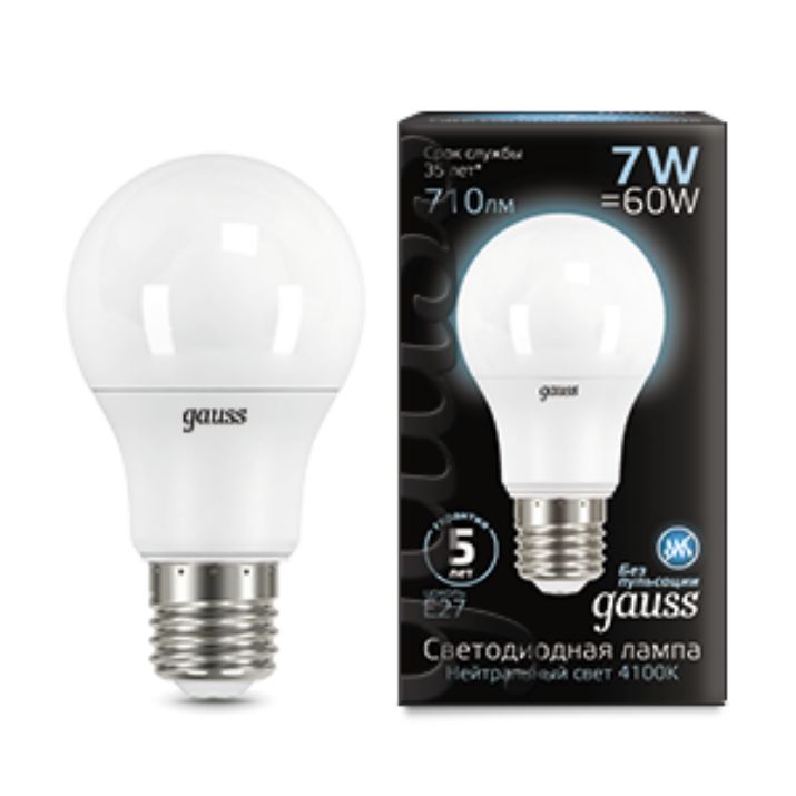 Изображение Лампа светодиодная Black 7Вт A60 грушевидная 4100К нейтр. бел. E27 710лм GAUSS 102502207
