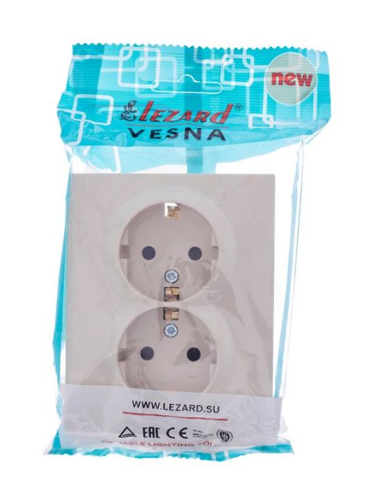Изображение Розетка 2-м СП VESNA с заземл. со шторками ПБТ кремов. LEZARD 742-0300-178B