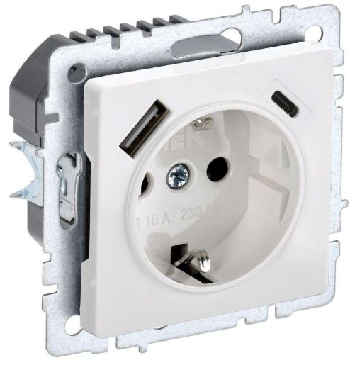 Изображение Розетка BRITE РЮш11-1-БрБ 16А с USB A+C 18Вт с заземл. защ. шторки бел. IEK BR-R14-16-U22-018-K01