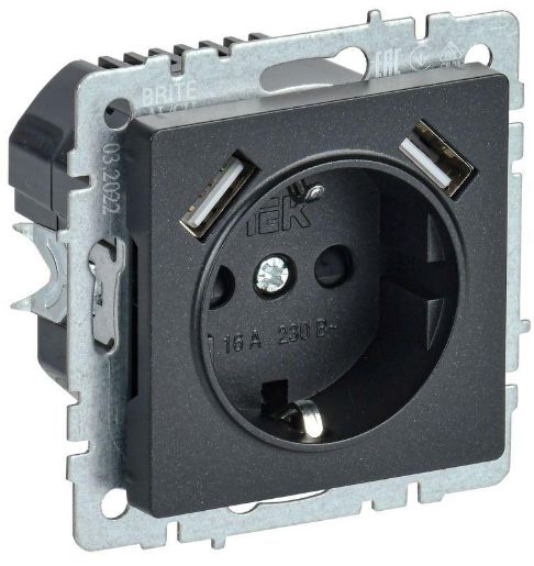 Изображение Розетка BRITE РЮш10-2-БрЧ 16А с USB A+A 3.1А с заземл. защ. шторки черн. IEK BR-R14-16-U21-D31-K02