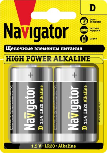 Изображение Элемент питания алкалиновый D/LR20 94 755 NBT-NE-LR20-BP2 (блист.2шт) NAVIGATOR 94755