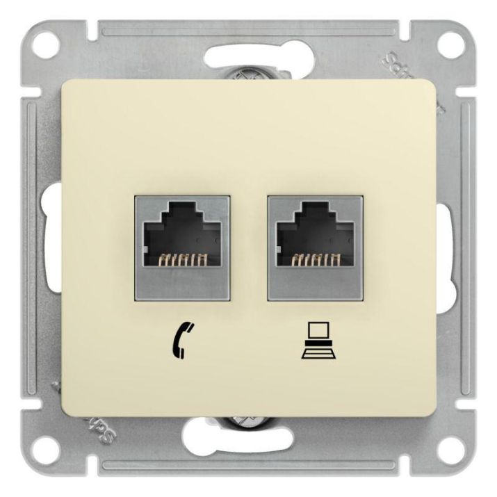 Изображение Розетка компьютерная + телефонная 2-м СП Glossa RJ45 + RJ11 кат.5E механизм беж. SE GSL000285