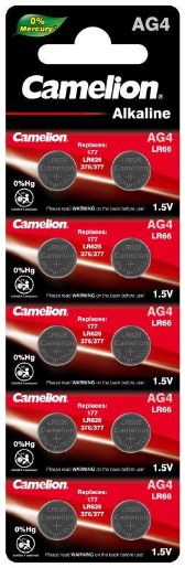 Изображение Элемент питания алкалиновый "таблетка" LR626/377A/177/G 4 Mercury Free AG4-BP0%Hg для часов BL-10 (блист.10шт) Camelion 12812