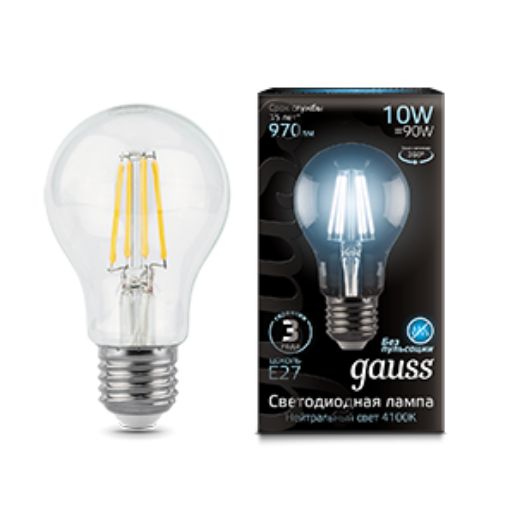 Изображение Лампа светодиодная филаментная Filament 10Вт A60 4100К нейтр. бел. E27 970лм GAUSS 102802210