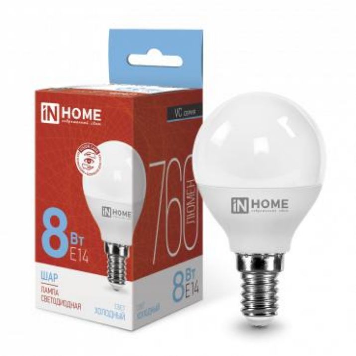 Изображение Лампа светодиодная LED-ШАР-VC 8Вт шар 6500К холод. бел. E14 760лм 230В IN HOME 4690612024882
