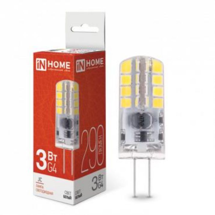 Изображение Лампа светодиодная LED-JC 3Вт капсульная прозрачная 4000К нейтр. бел. G4 290лм 12В IN HOME 4690612036021