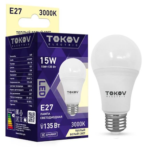 Изображение Лампа светодиодная 15Вт А60 3000К Е27 176-264В TOKOV ELECTRIC TKE-A60-E27-15-3K