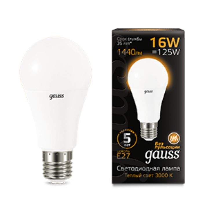 Изображение Лампа светодиодная Black 16Вт A60 3000К тепл. бел. E27 1440лм GAUSS 102502116