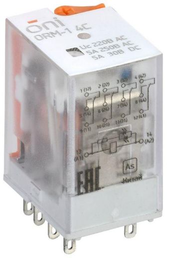Изображение Реле интерфейсное ORM-1 4C 220В AC с LED и тест. кнопкой ONI ORM-1-4C-AC220V-L-B