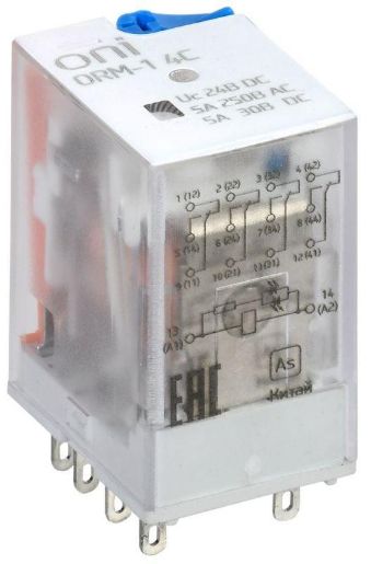 Изображение Реле интерфейсное ORM-1 4C 24В DC с LED и тест. кнопкой ONI ORM-1-4C-DC24V-L-B