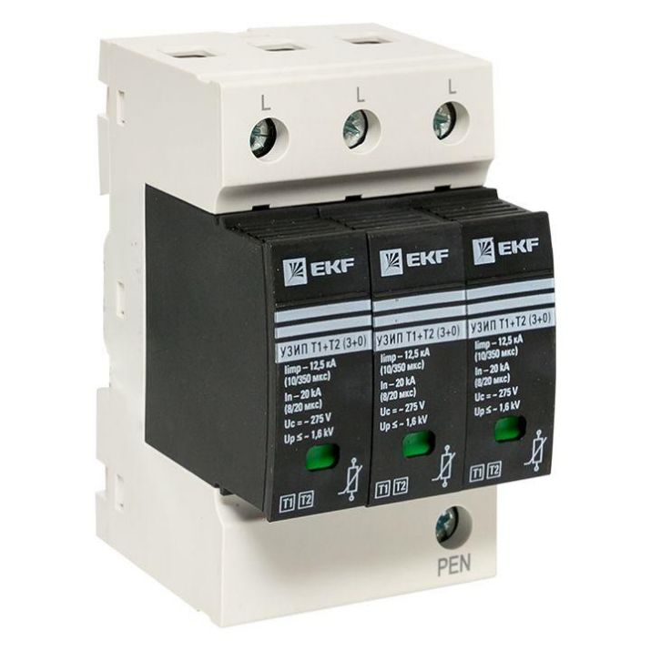Изображение Устройство защиты от импульсных перенапряжений Т1+Т2; Iimp-12.5kA; In-20kA; Uc-275В; 3+0 PROxima EKF OV12-3-503