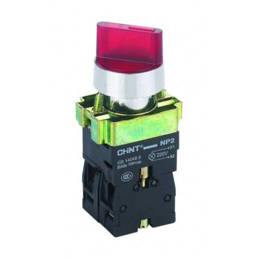 Изображение Переключатель NP2-BK12461 2 полож. с фиксацией 1НО красн. AC/DC 220В (LED) IP40 CHINT 574697