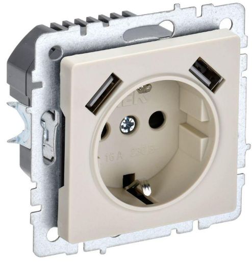 Изображение Розетка BRITE РЮш10-2-БрКр 16А с USB A+A 3.1А с заземл. защ. шторки беж. IEK BR-R14-16-U21-D31-K10
