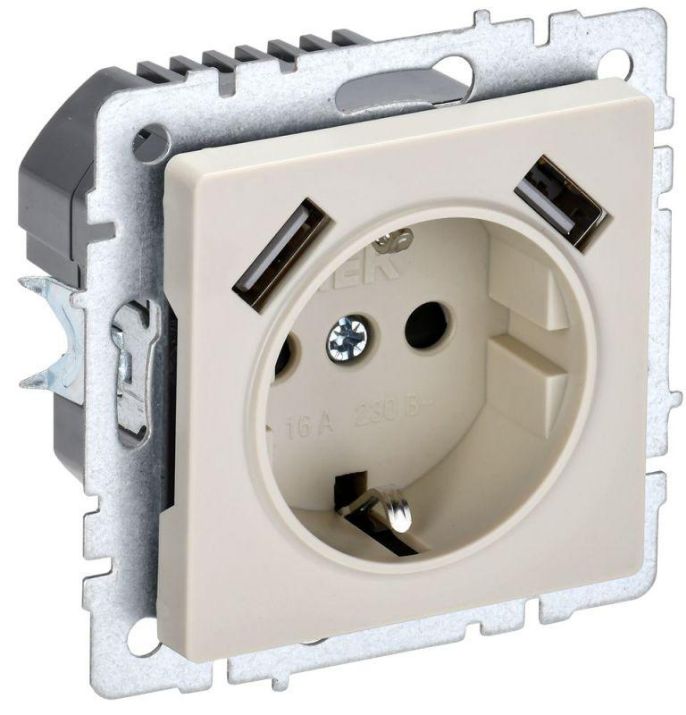 Изображение Розетка BRITE РЮш10-2-БрКр 16А с USB A+A 3.1А с заземл. защ. шторки беж. IEK BR-R14-16-U21-D31-K10