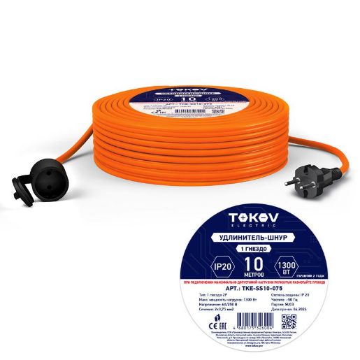 Изображение Удлинитель-шнур 1х10м без заземл. 6А IP20 2х0.75 TOKOV ELECTRIC TKE-SS10-075
