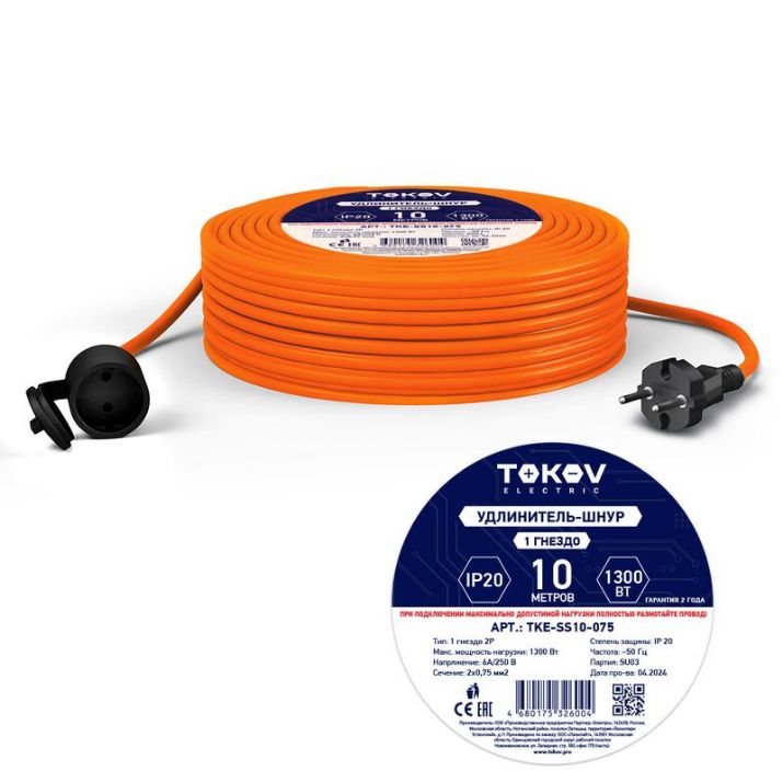 Изображение Удлинитель-шнур 1х10м без заземл. 6А IP20 2х0.75 TOKOV ELECTRIC TKE-SS10-075