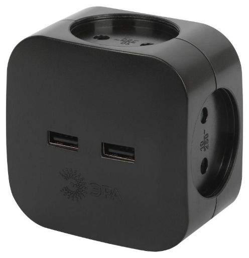 Изображение Разветвитель электрический SP-4-USB-B на 4 розетки 220В+ 2xUSB 2400мА без заземл 10А черн. Эра Б0049536