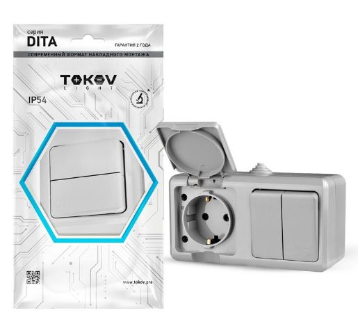 Изображение Блок ОП Dita (розетка 16А 250В с заземл. 2-кл. выкл. 10А) IP54 сер. TOKOV ELECTRIC TKL-DT-V2RZ-C06-IP54