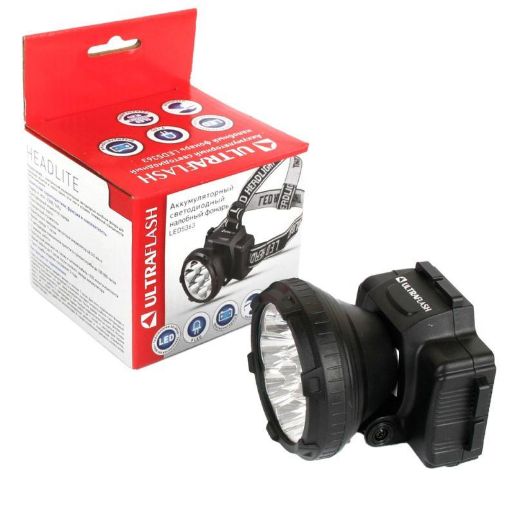 Изображение Фонарь аккумуляторный налобный LED5363 9LED 2 режима 220В пластик. черн. (бокс) Ultraflash 11257