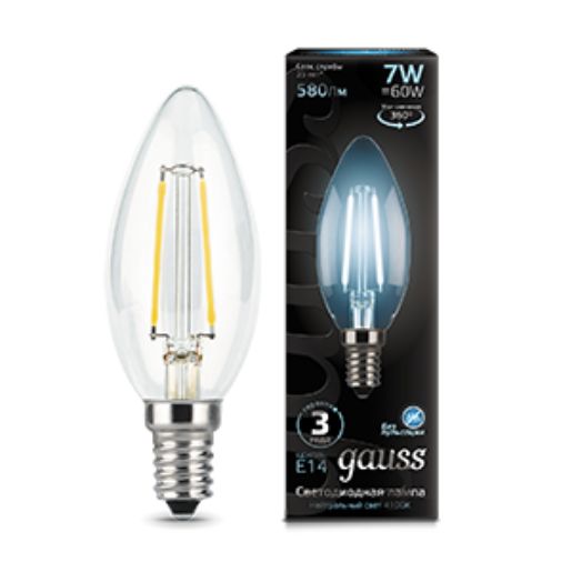 Изображение Лампа светодиодная филаментная Filament 7Вт свеча 4100К нейтр. бел. E14 580лм GAUSS 103801207
