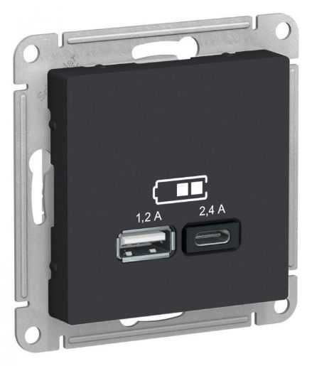 Изображение Розетка USB AtlasDesign тип A+C 5В/2.4А 2х5В/1.2А механизм карбон SE ATN001039