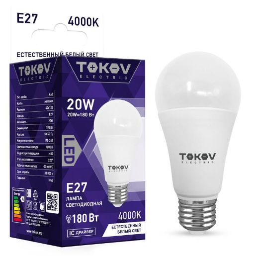 Изображение Лампа светодиодная 20Вт А60 4000К Е27 176-264В TOKOV ELECTRIC TKE-A60-E27-20-4K
