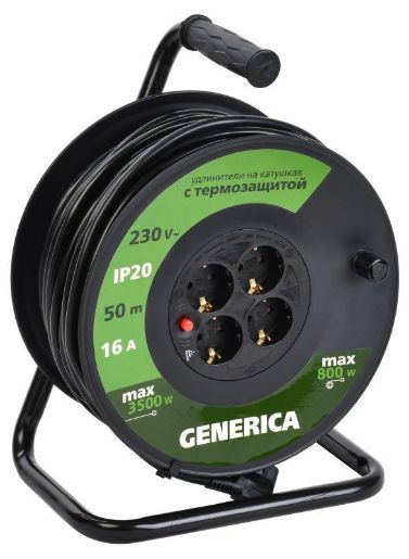 Изображение Удлинитель на катушке 4х50м 16А IP20 УК50 2P+PE 3х1.5 термозащита GENERICA WKP20-16-04-50-G