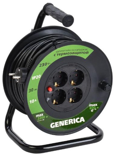 Изображение Удлинитель на катушке 4х30м 10А IP20 УК30 2P+PE 3х1 термозащита GENERICA WKP10-10-04-30-G