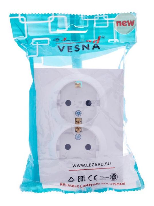 Изображение Розетка 2-м СП VESNA с заземл. со шторками ПБТ бел. LEZARD 742-0200-178B