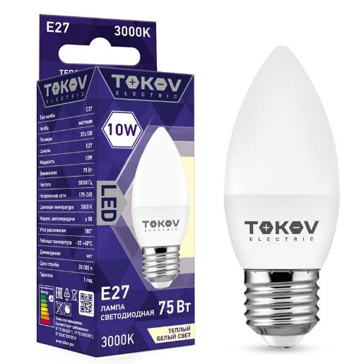 Изображение Лампа светодиодная 10Вт С37 3000К Е27 176-264В TOKOV ELECTRIC TKE-C37-E27-10-3K