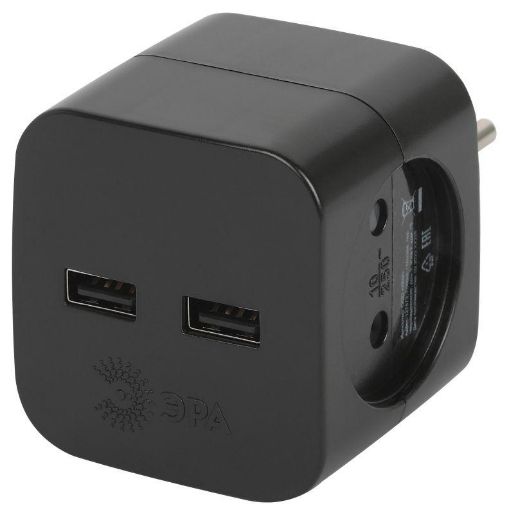 Изображение Разветвитель электрический SP-2-USB-B на 2 розетки 220В+ 2xUSB 2400мА без заземл 10А черн. Эра Б0049535