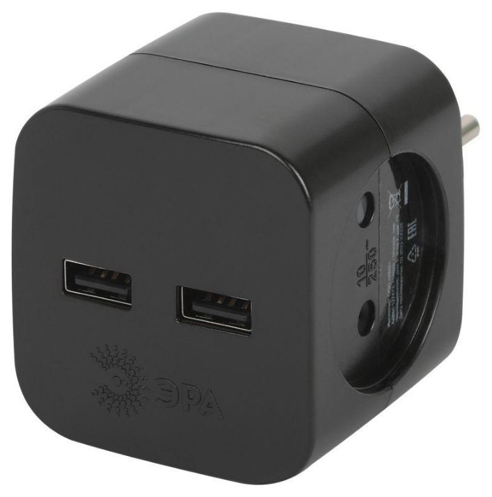 Изображение Разветвитель электрический SP-2-USB-B на 2 розетки 220В+ 2xUSB 2400мА без заземл 10А черн. Эра Б0049535