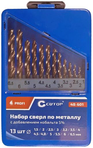 Изображение Набор сверл по металлу Profi 1.5-6.5мм (через 0.5мм + 32мм; 48мм) с кобальтом 5проц. в метал. коробке (13шт) Cutop 48-601