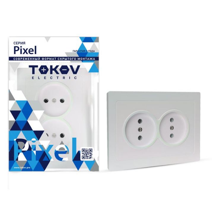Изображение Розетка 2-м СП Pixel 16А IP20 без заземл. в сборе перламутр. TOKOV ELECTRIC TKE-PX-R2F-C04