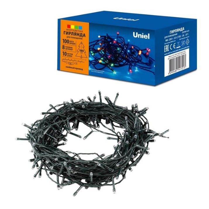 Изображение Гирлянда светодиодная ULD-S1000-100/DGA MULTI IP20 10м 100 LED разноцвет. свет провод зел. Uniel UL-00008405