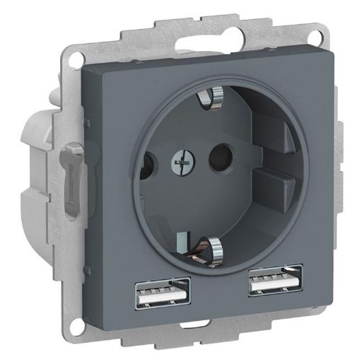 Изображение Розетка 1-м СП AtlasDesign 16А IP20 с 2-мя заряд. устройствами USB тип A+A 5В/2.4А 2х5В/1.2А механизм грифель SE ATN000730