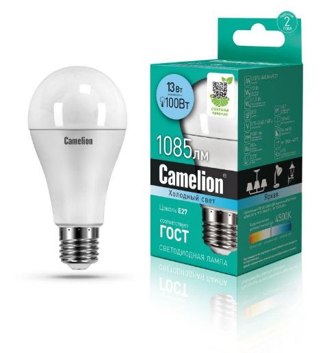 Изображение Лампа светодиодная LED13-A60/845/E27 13Вт грушевидная матовая 4500К бел. E27 1085лм 170-265В Camelion 12046