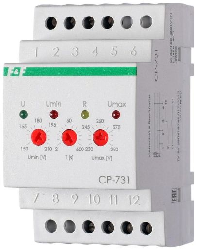 Изображение Реле напряжения CP-731 (трехфазный; микропроцессорный; контроль верхнего и нижнего значений напряжения; контроль асимметрии; чередования фаз; монтаж на DIN-рейке 35мм 3х400/230+N 2х8А 1Z 1R IP20) F&F EA04.009.005