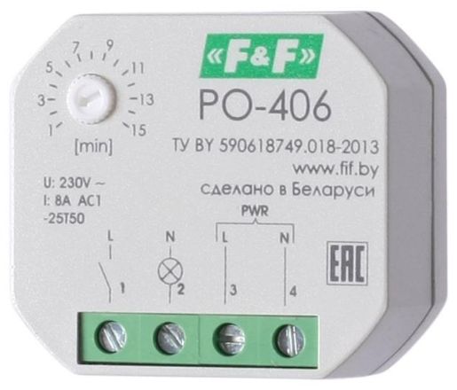 Изображение Реле времени PO-406 8А 230В 1НО IP20 задержка выключ./управ. контактом монтаж в коробку d-60мм F&F EA02.001.019