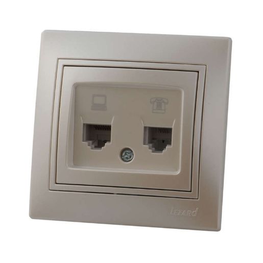 Изображение Розетка компьютерная + телефонная 2-м СП Mira RJ45 + RJ11 IP20 со вставкой жемчуж./бел. перламутр. LEZARD 701-3030-143