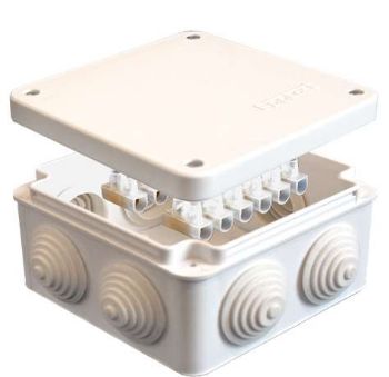 Изображение Коробка распределительная ОП 105х105х56мм IP54 с клемм. 7 выходов 4 гермоввода 10А 12 контактов крышка на винтах бел. Epplast 110043