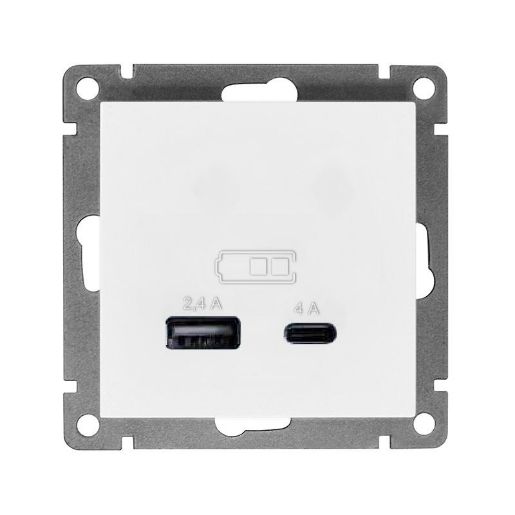 Изображение Розетка 2-м USB СП Афина 5В тип А(2.4А)+С(4А) механизм бел. Universal А0059